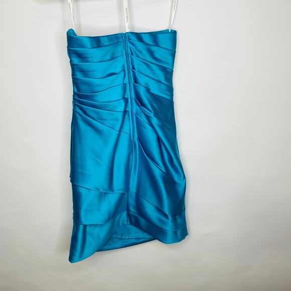 David's Bridal Turquoise Blue Satin Cocktail Dress Ruched Sz 8 - Picture 6 of 9